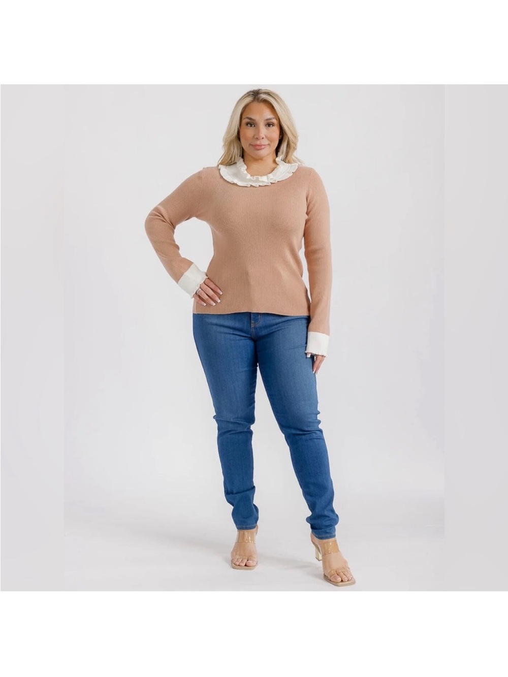 Ruffle Collar Scoop-Neck Sweater in Taupe